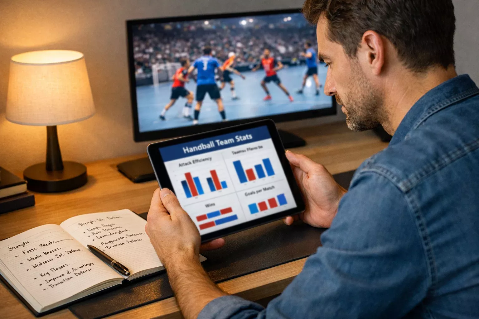 Personne analysant des statistiques de handball sur une tablette