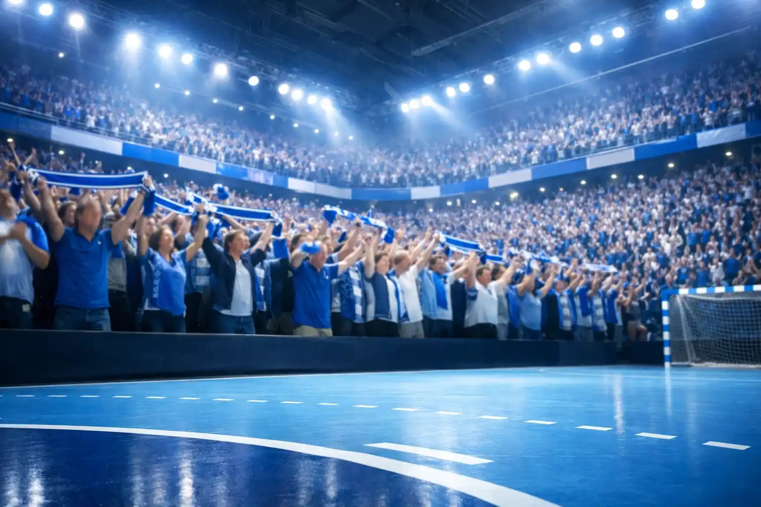 Public passionné dans une salle de handball encourageant son équipe à domicile