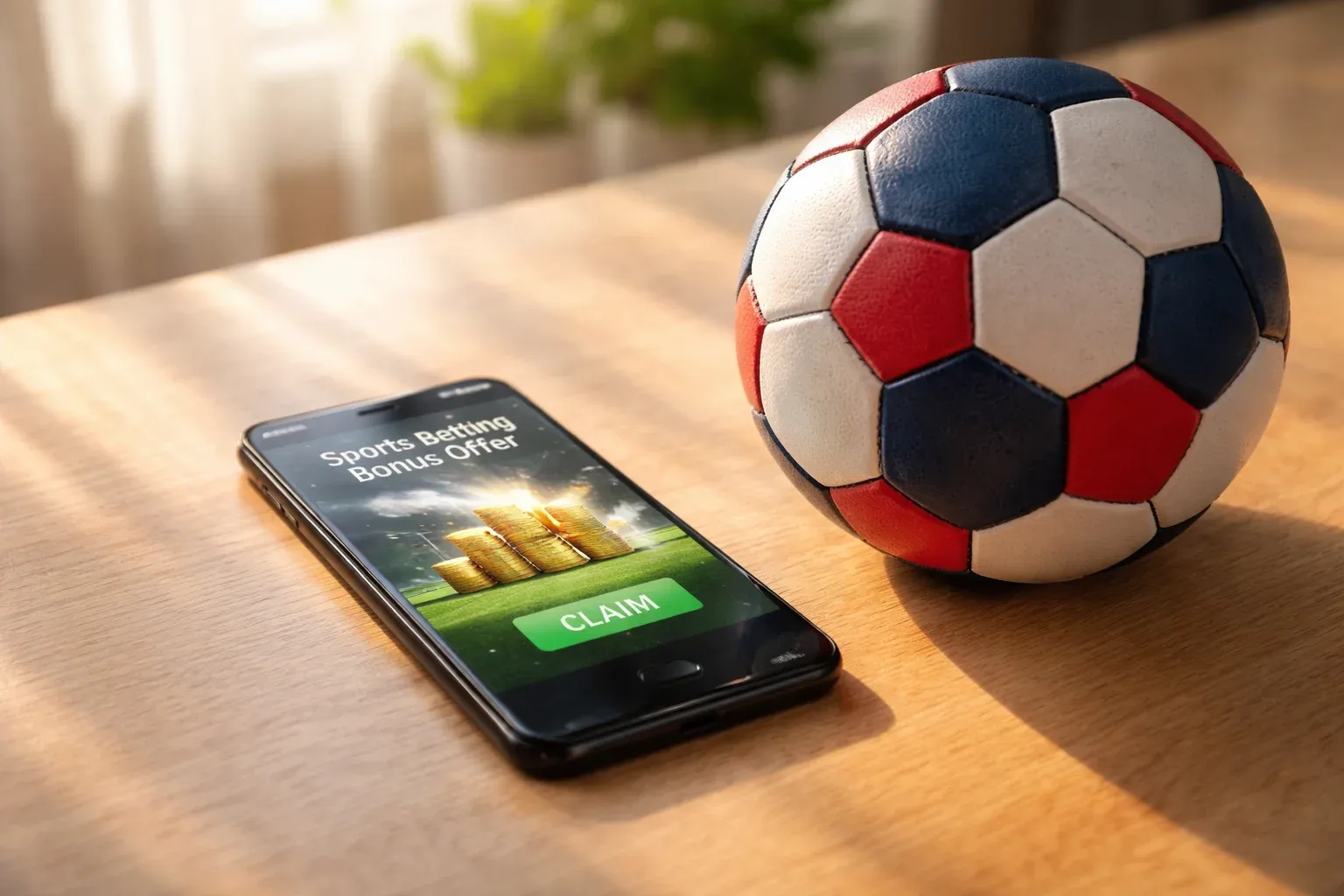 Smartphone affichant une offre de bonus paris sportifs avec un ballon de handball à côté