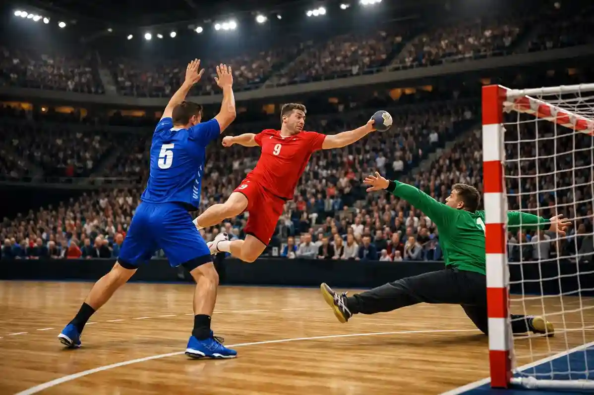Match de handball en Bundesliga dans une grande salle allemande pleine de spectateurs