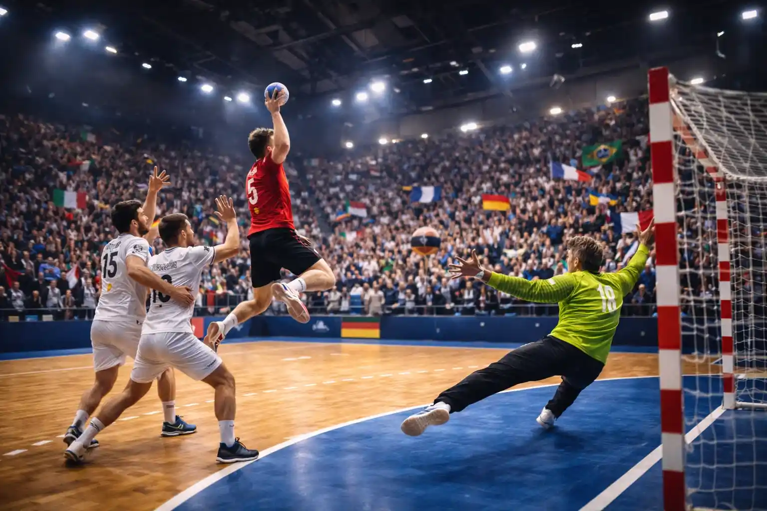 Joueurs de handball lors d'un match de Championnat du monde dans une grande arène