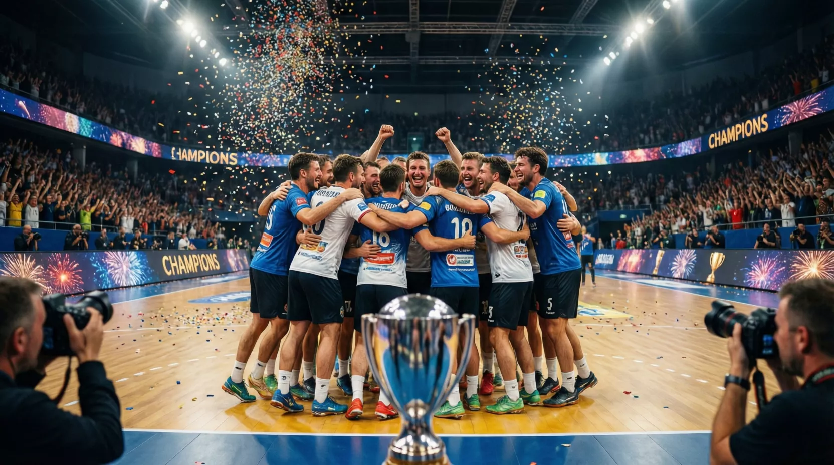 Équipe de handball célébrant une victoire en compétition européenne