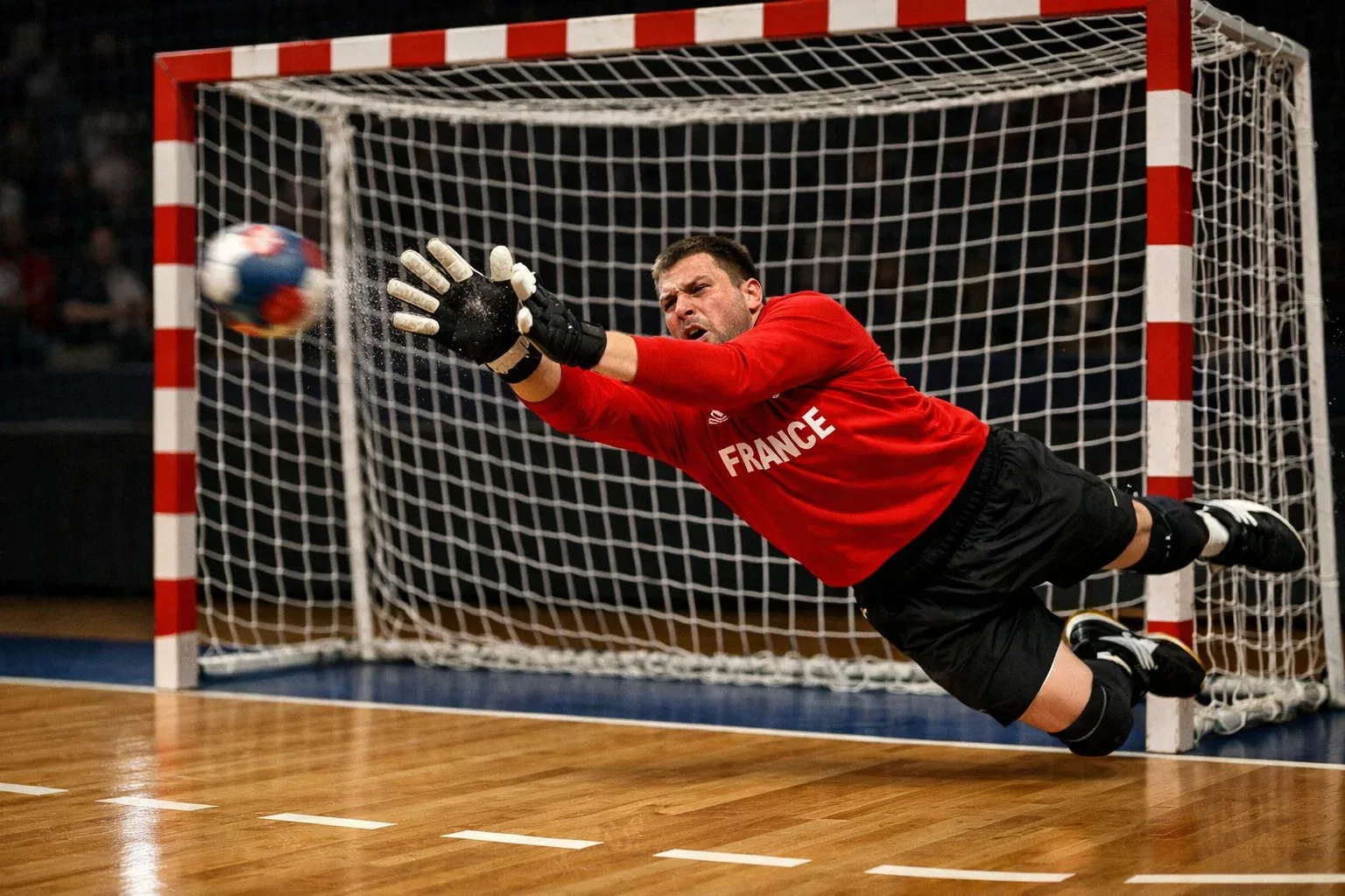Gardien de handball effectuant un arrêt spectaculaire