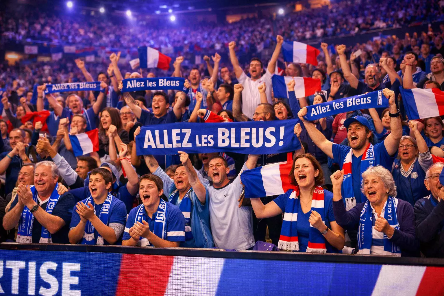 Public enthousiaste dans une salle de handball lors d'un match