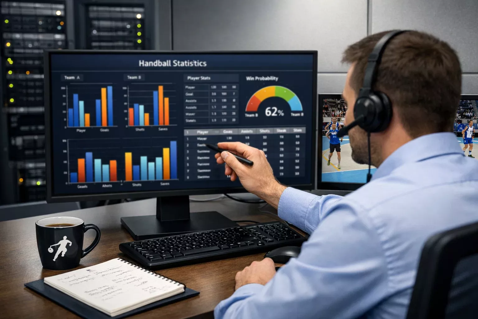 Analyste étudiant des données statistiques de handball sur écran