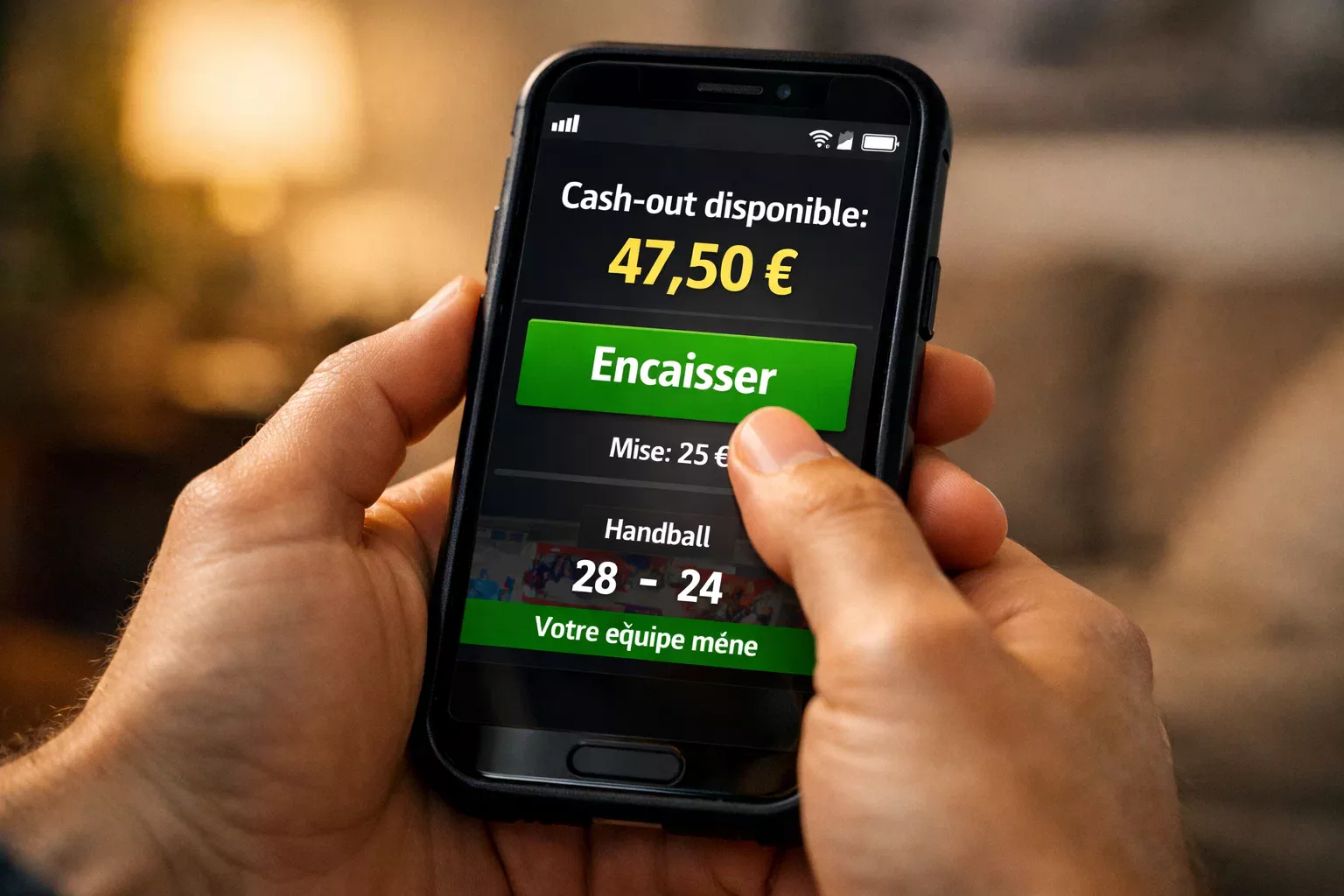 Main sur smartphone affichant option de cash-out paris sportifs