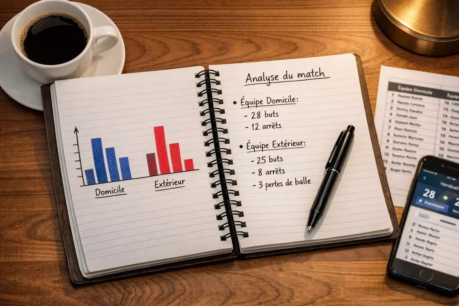 Carnet de notes avec données et tendances d'analyse handball