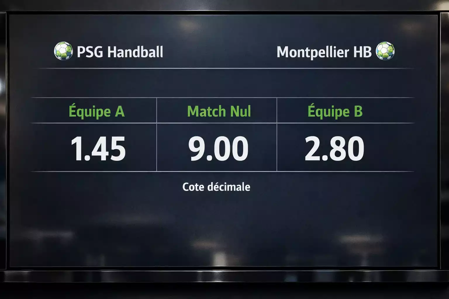 Tableau de cotes décimales pour un match de handball