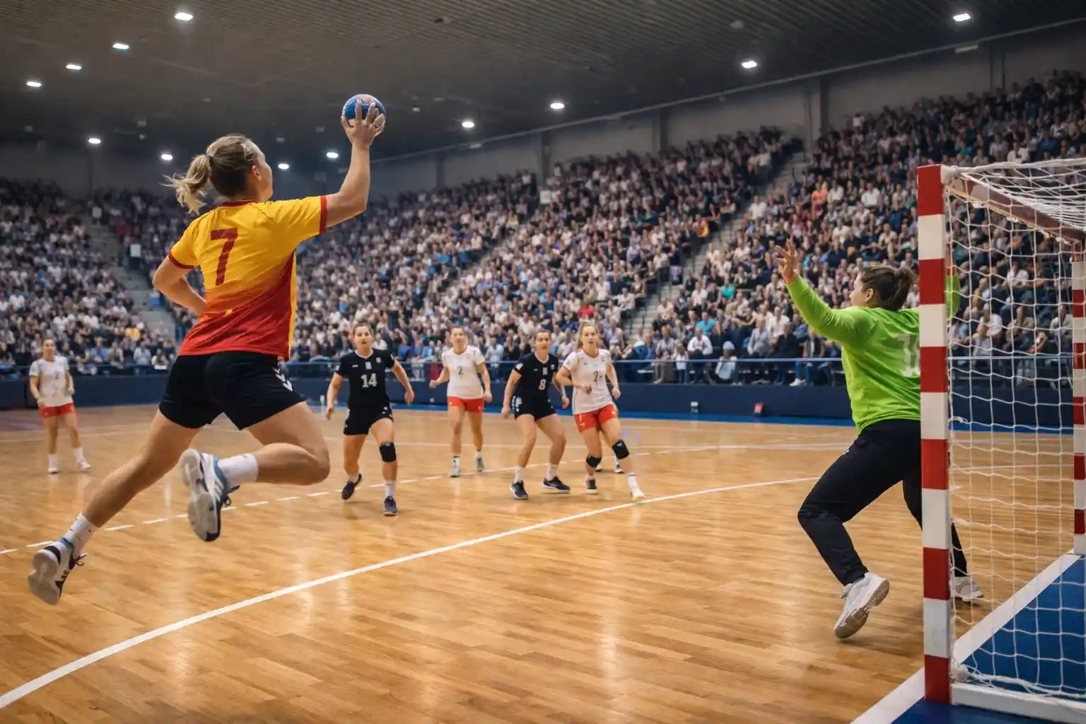 Joueuses de handball féminin en pleine action lors d'un match de championnat