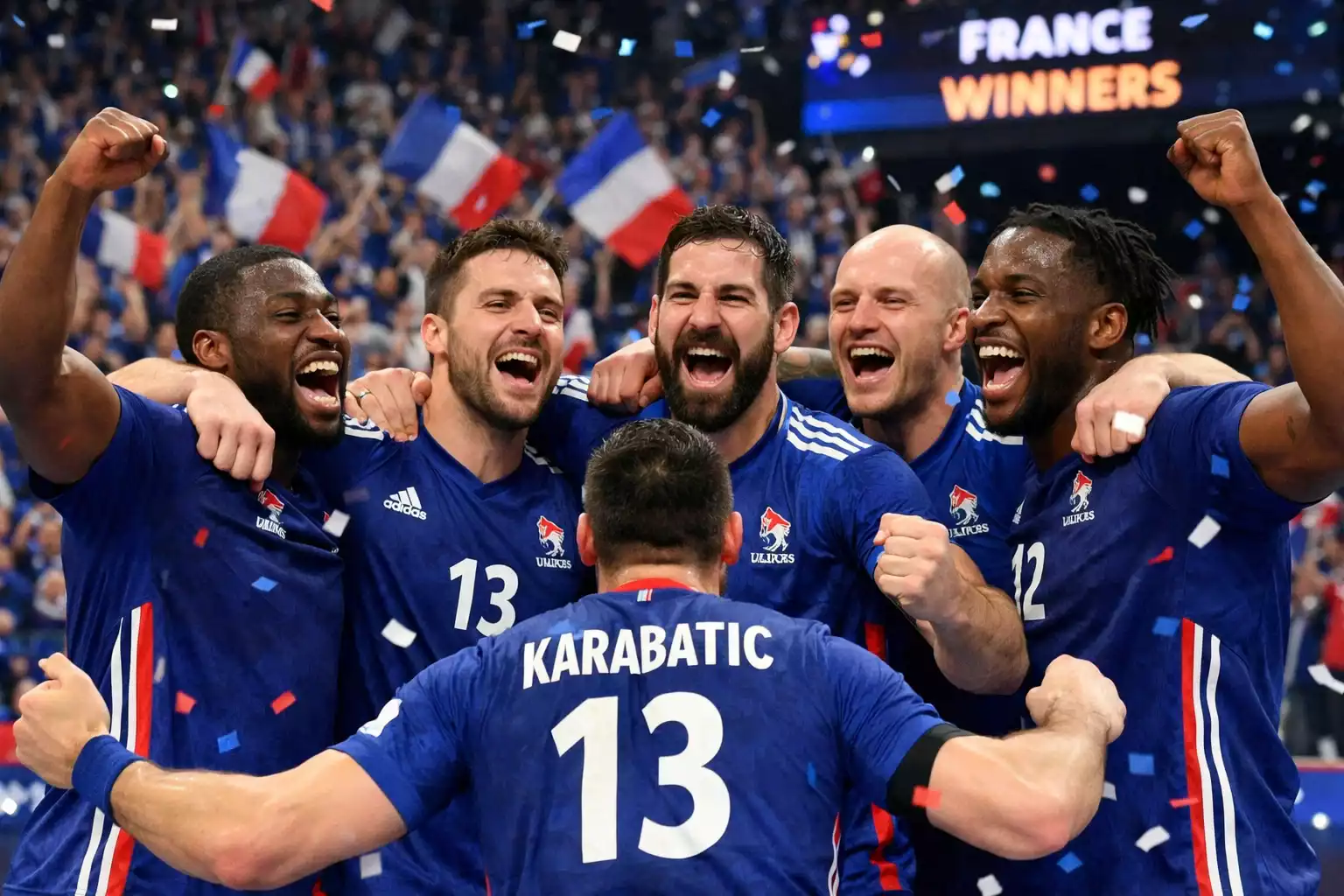 Équipe de France de handball célébrant une victoire