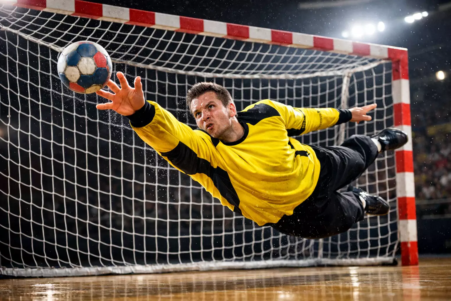Gardien de handball effectuant un arrêt décisif
