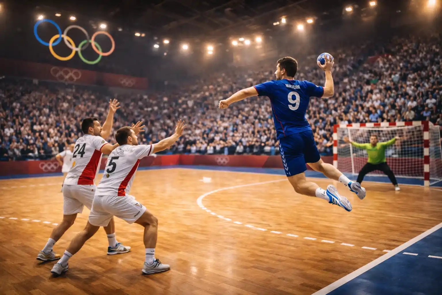 Match de handball aux Jeux Olympiques dans une arène olympique avec les anneaux visibles