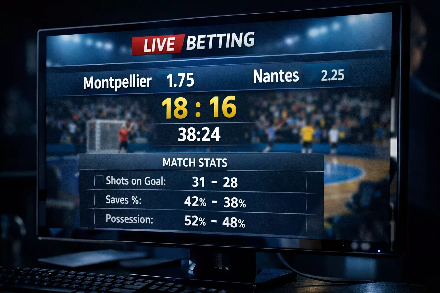 Écran affichant les cotes live d'un match de handball