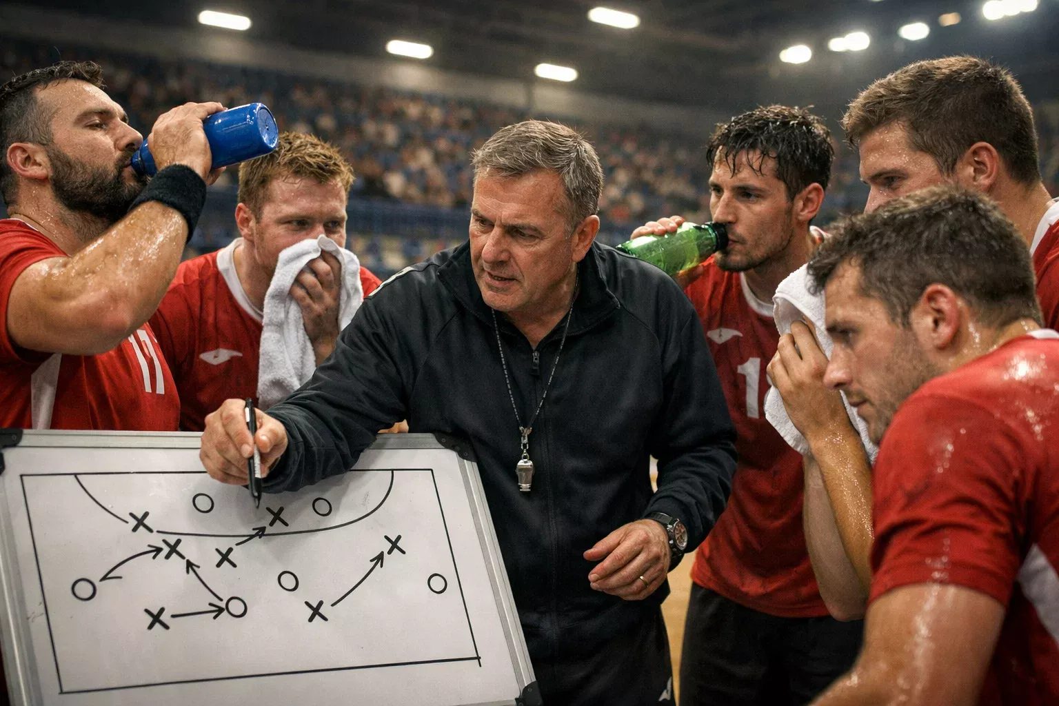 Temps mort pendant un match de handball avec entraîneur et joueurs
