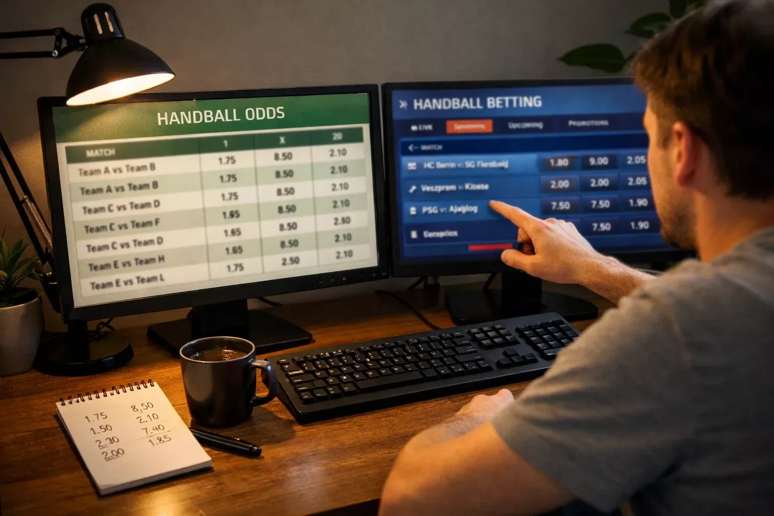 Personne comparant les cotes handball sur plusieurs écrans