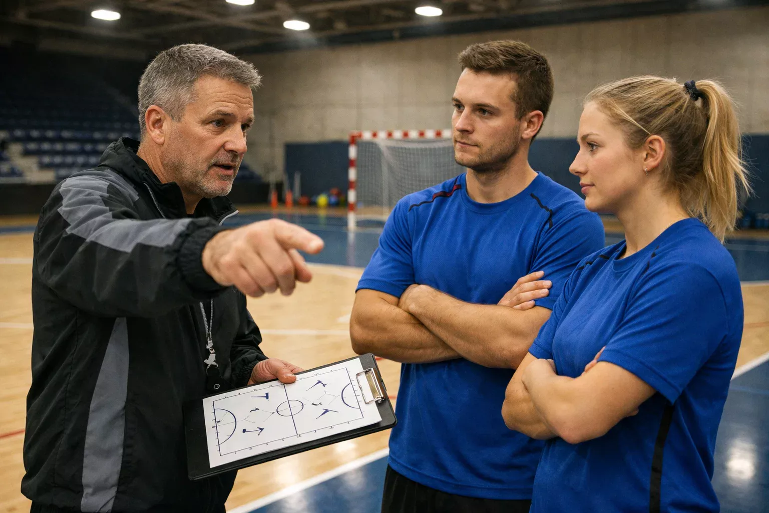 Entraîneur et joueurs de handball discutant de la stratégie