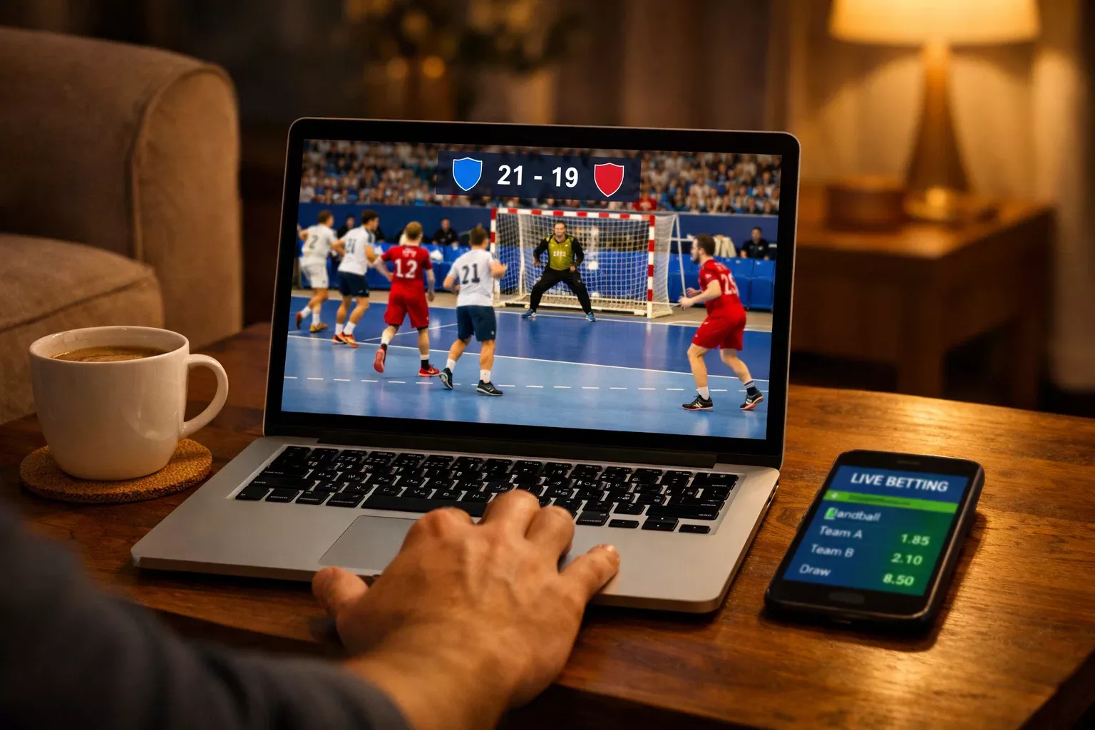 Ordinateur portable diffusant un match de handball en streaming