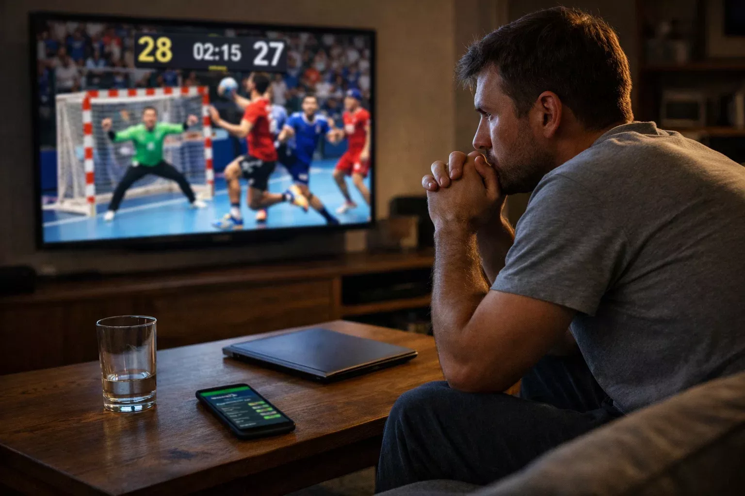 Personne concentrée regardant un match de handball sur écran