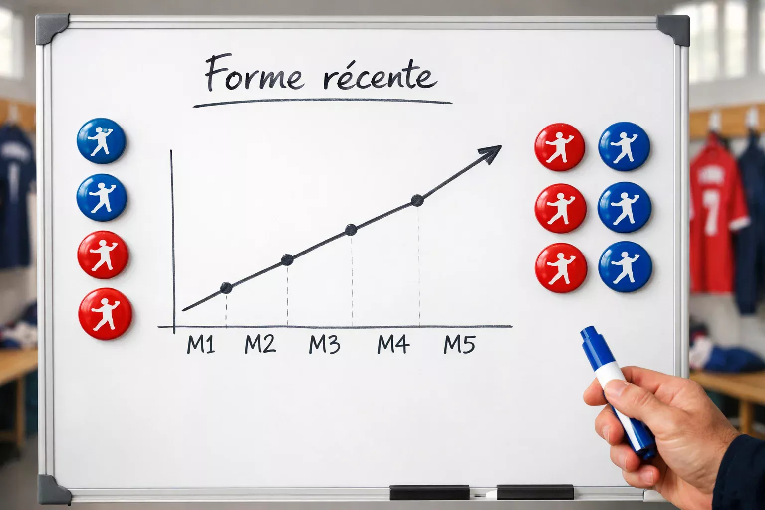 Tableau blanc avec analyse de la forme récente d'une équipe de handball