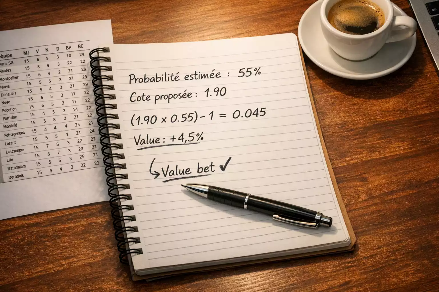 Carnet avec calculs de value bet et probabilités handball