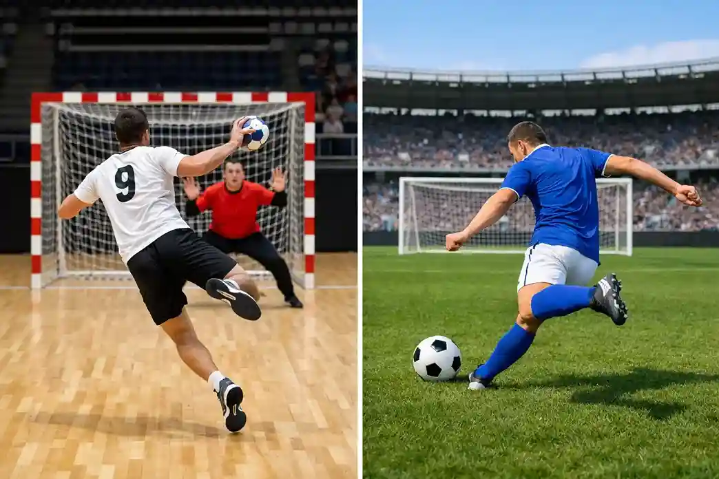 Ballon de handball et ballon de football côte à côte sur un terrain de sport