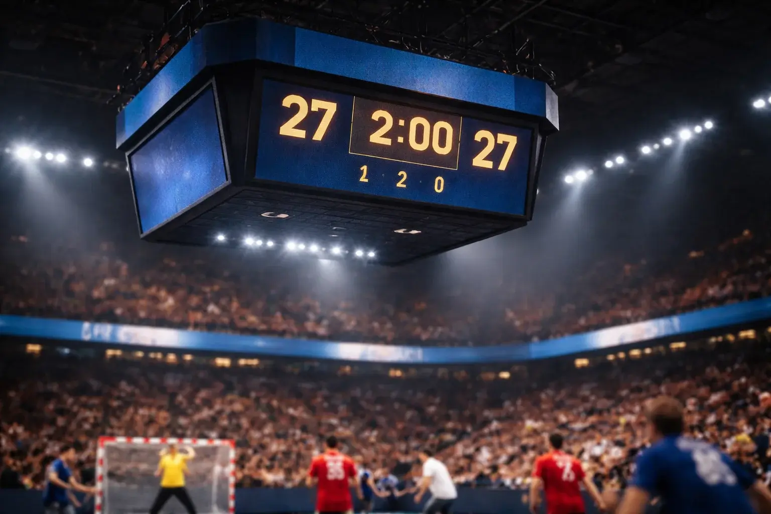 Tableau d'affichage de handball montrant un score à égalité dans les dernières minutes du match