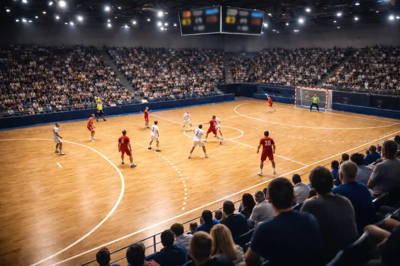 Vue d'ensemble d'un match de handball en salle avec le tableau de score affiché