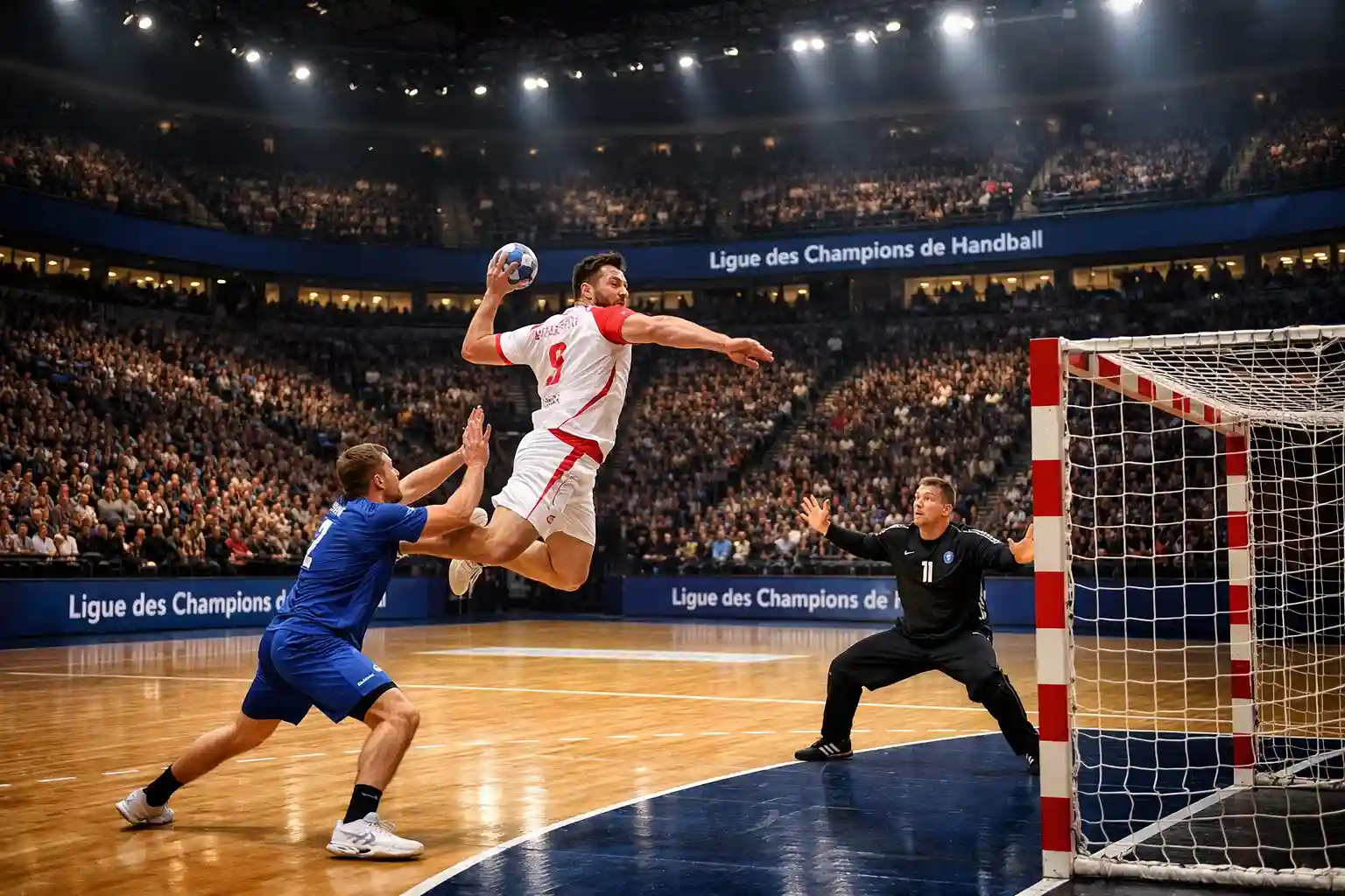 Match de Ligue des Champions EHF de handball dans une grande salle européenne comble