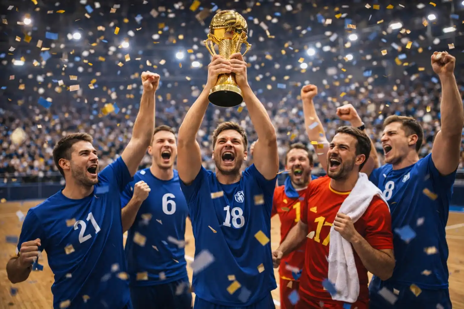Équipe de handball soulevant un trophée lors d'une cérémonie de remise de prix dans une grande salle