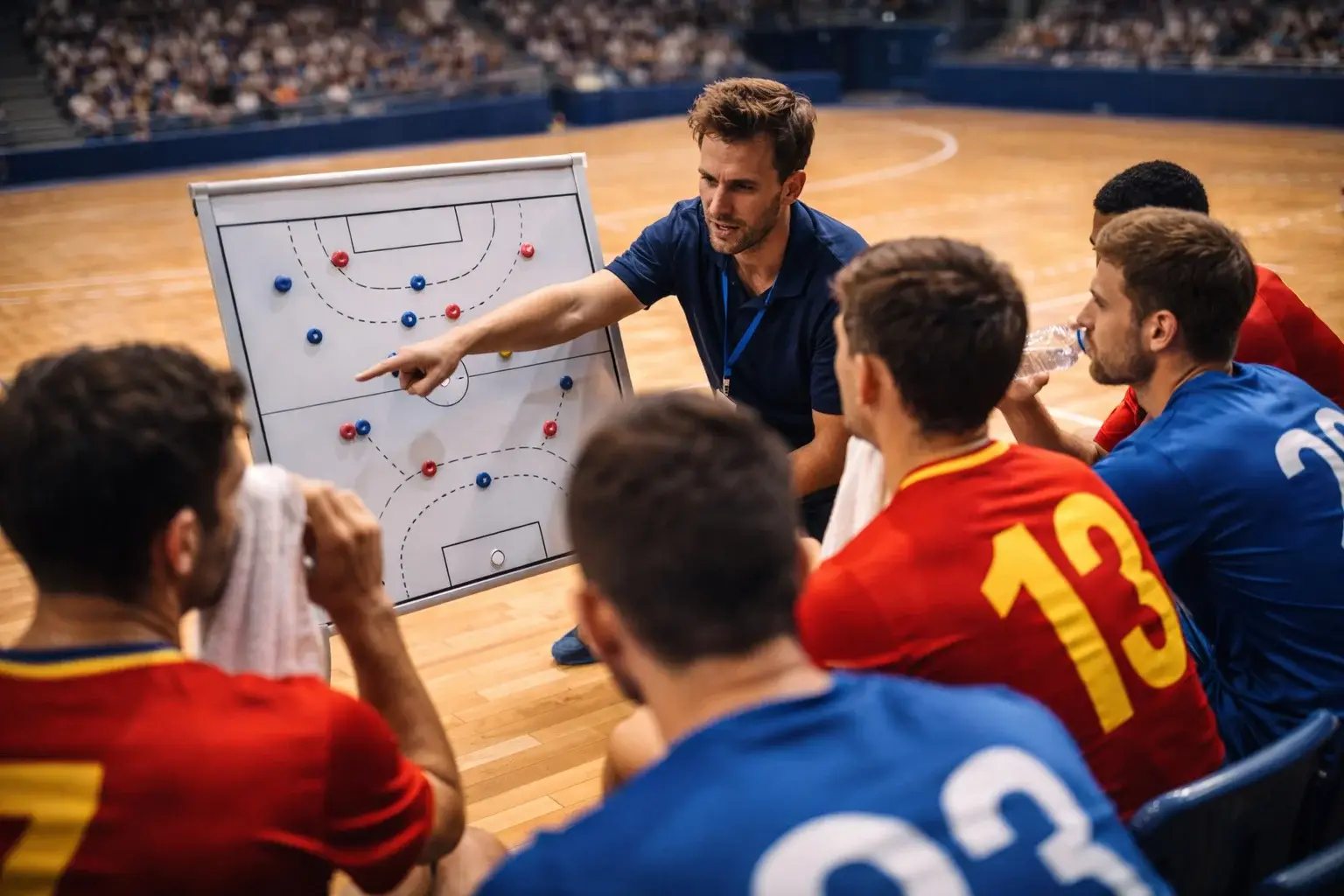 Équipe de handball regroupée pendant la pause de mi-temps dans le vestiaire de la salle de sport