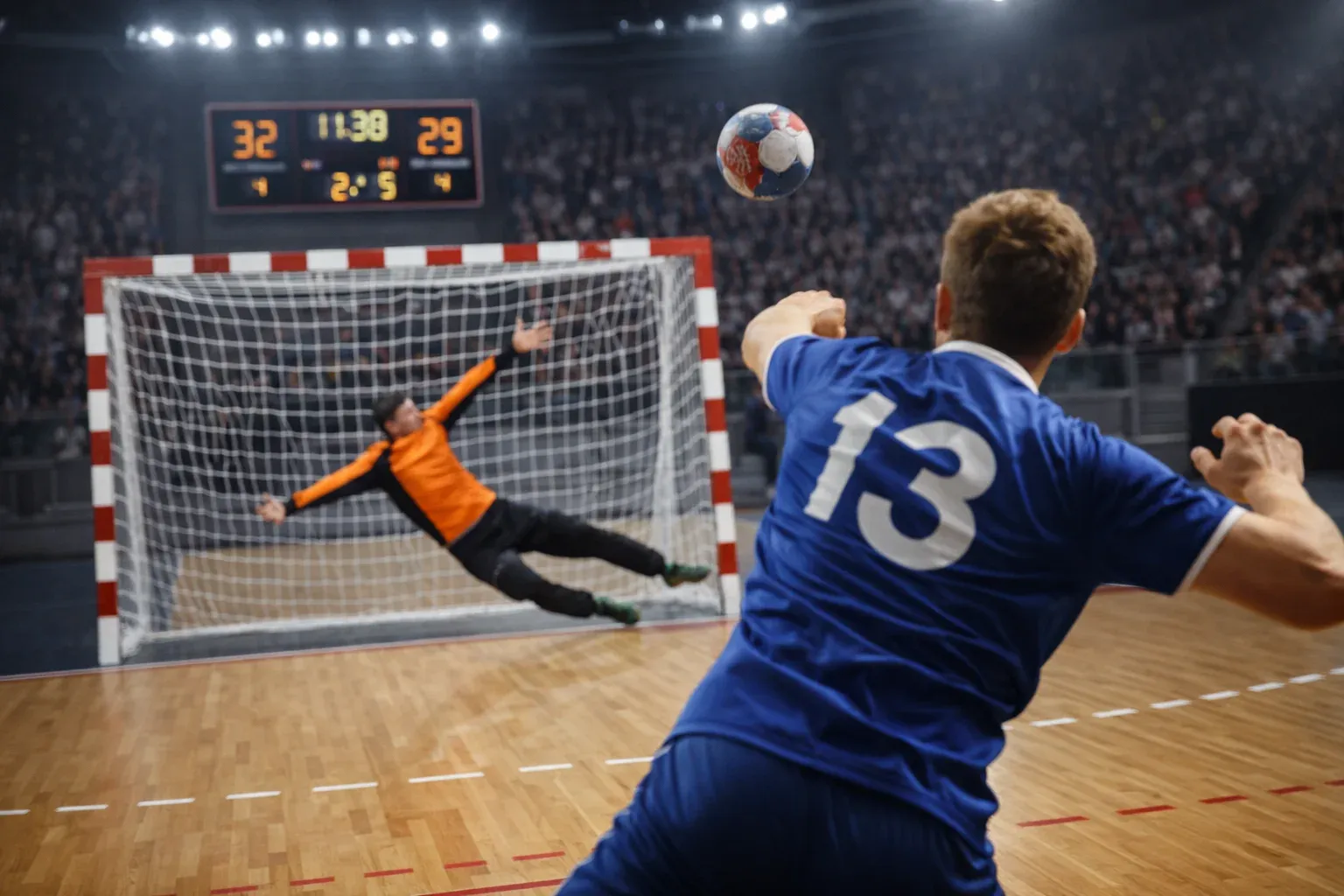 Attaquant de handball tirant au but lors d'un match à haut score dans une salle indoor