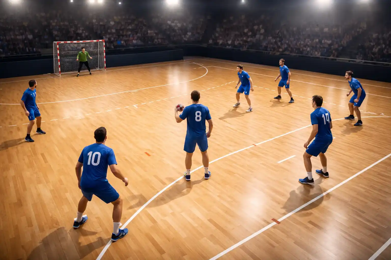 Formation tactique d'une équipe de handball sur un terrain indoor avec les joueurs positionnés à leurs postes