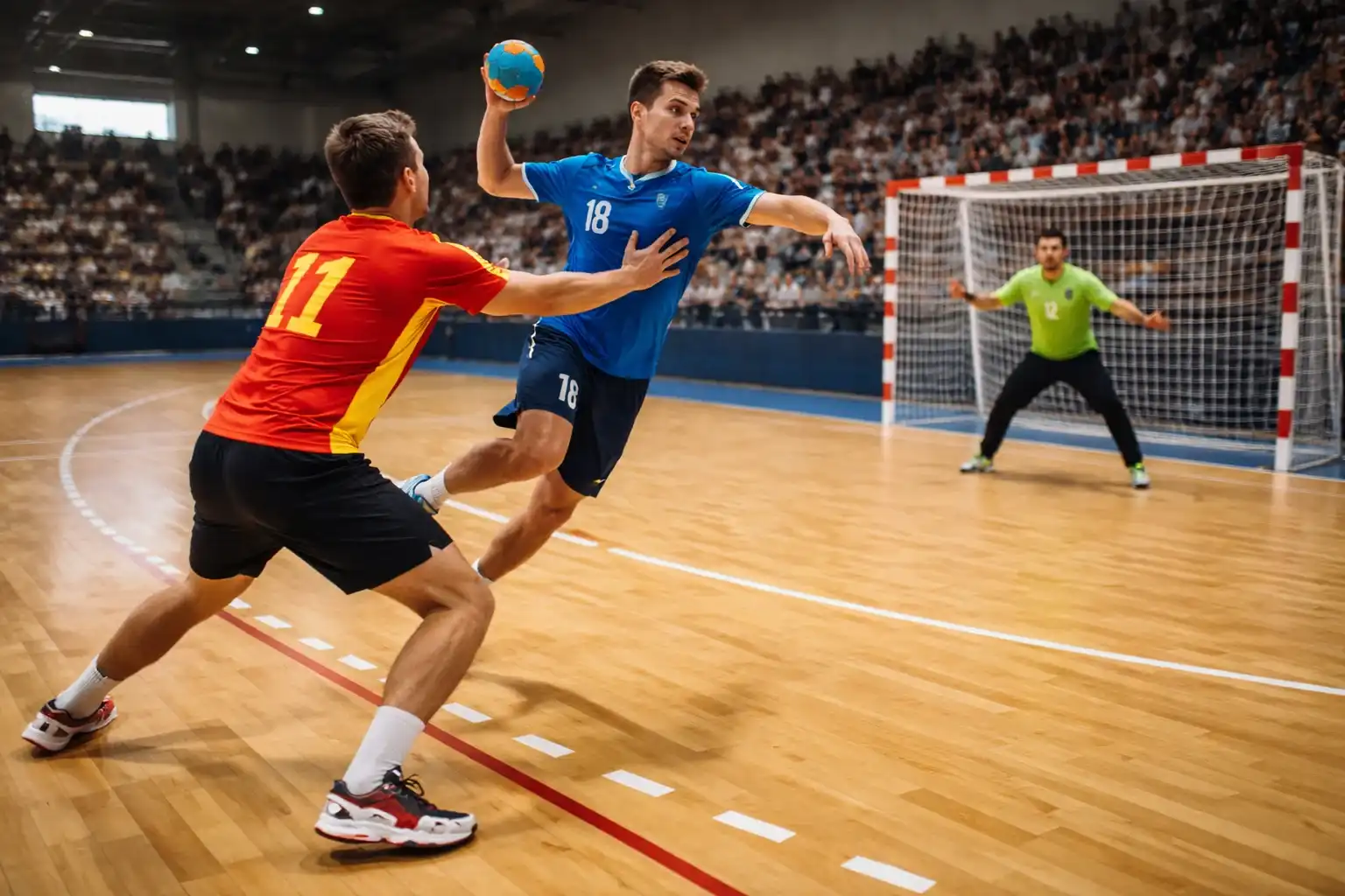 Joueurs de handball en action sur un terrain indoor avec des lignes blanches et un ballon de handball