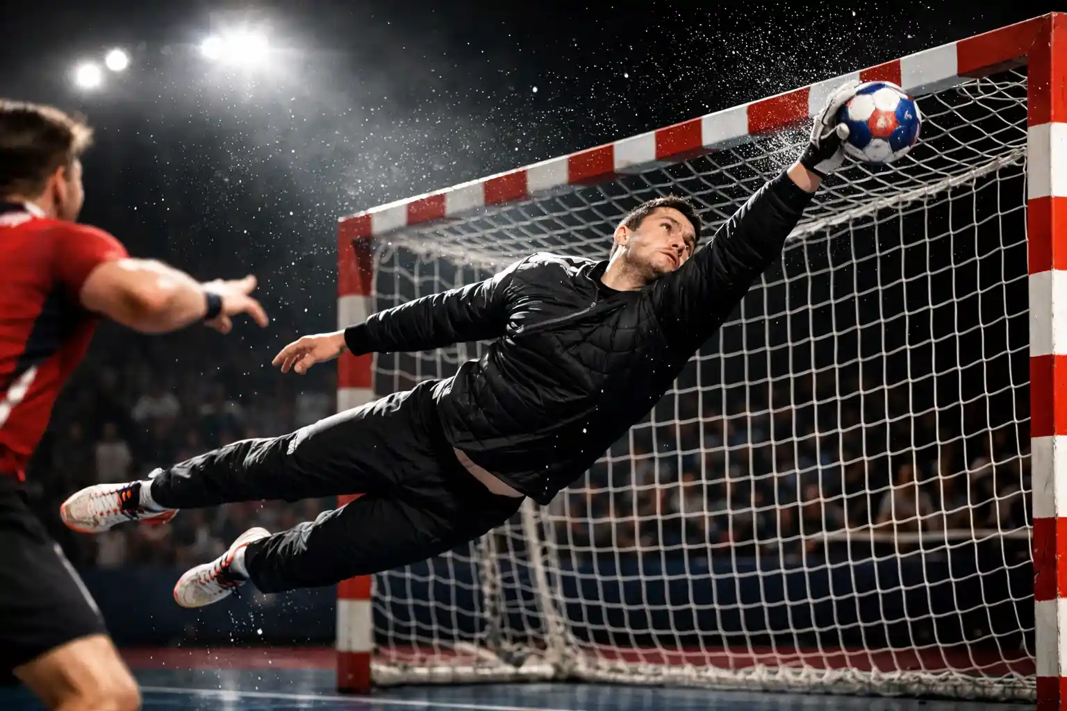 Gardien de handball effectuant un arrêt spectaculaire lors d'un match professionnel