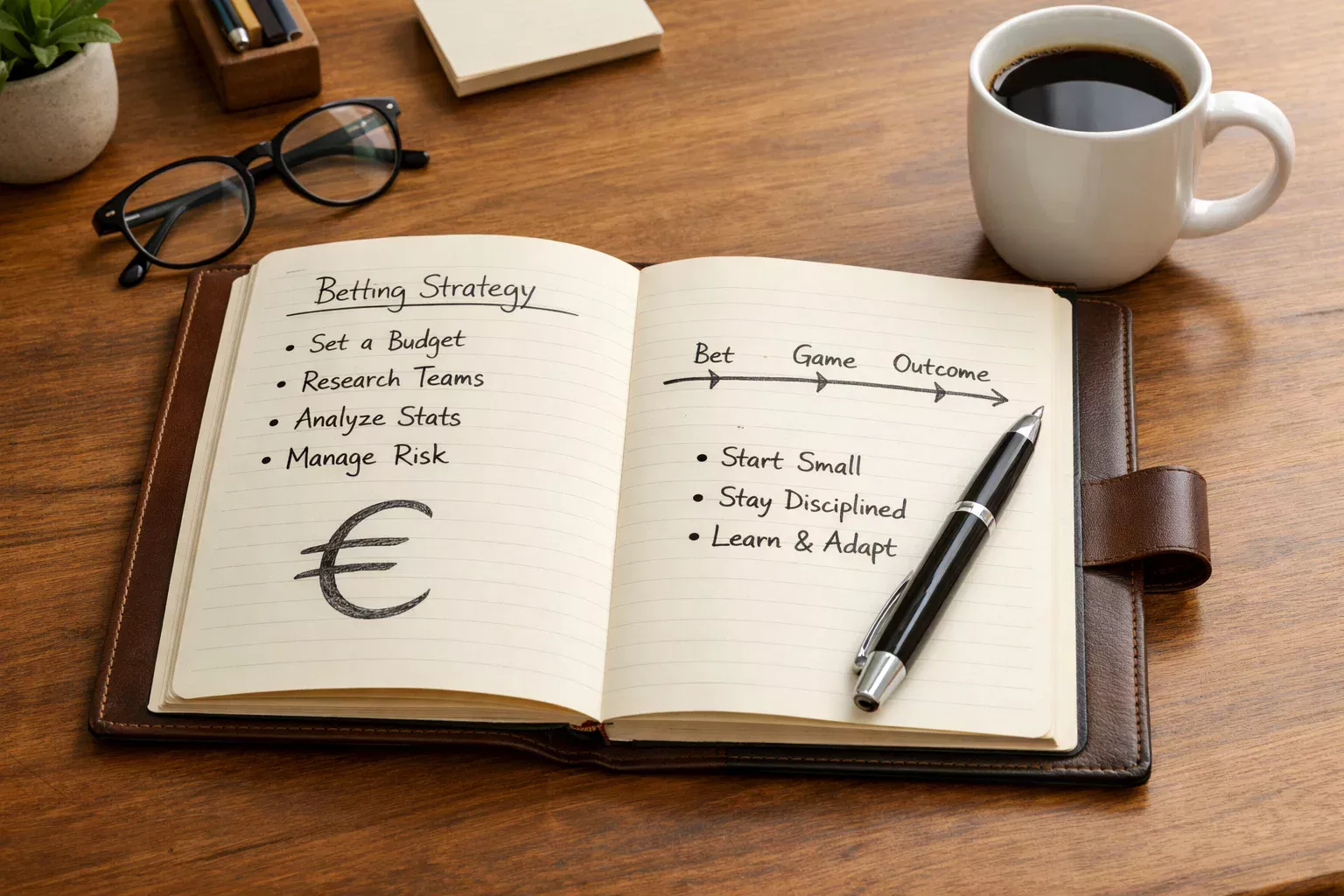 Carnet de notes avec stratégie de paris et symbole euro