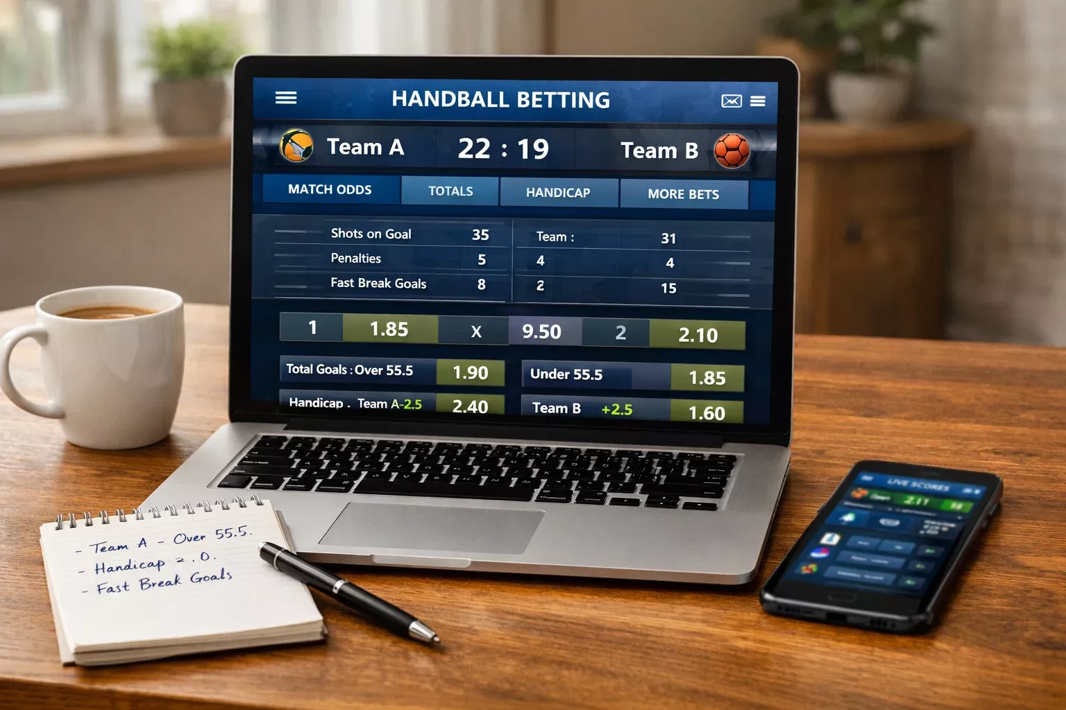Écran d'ordinateur portable affichant une interface de paris sportifs handball